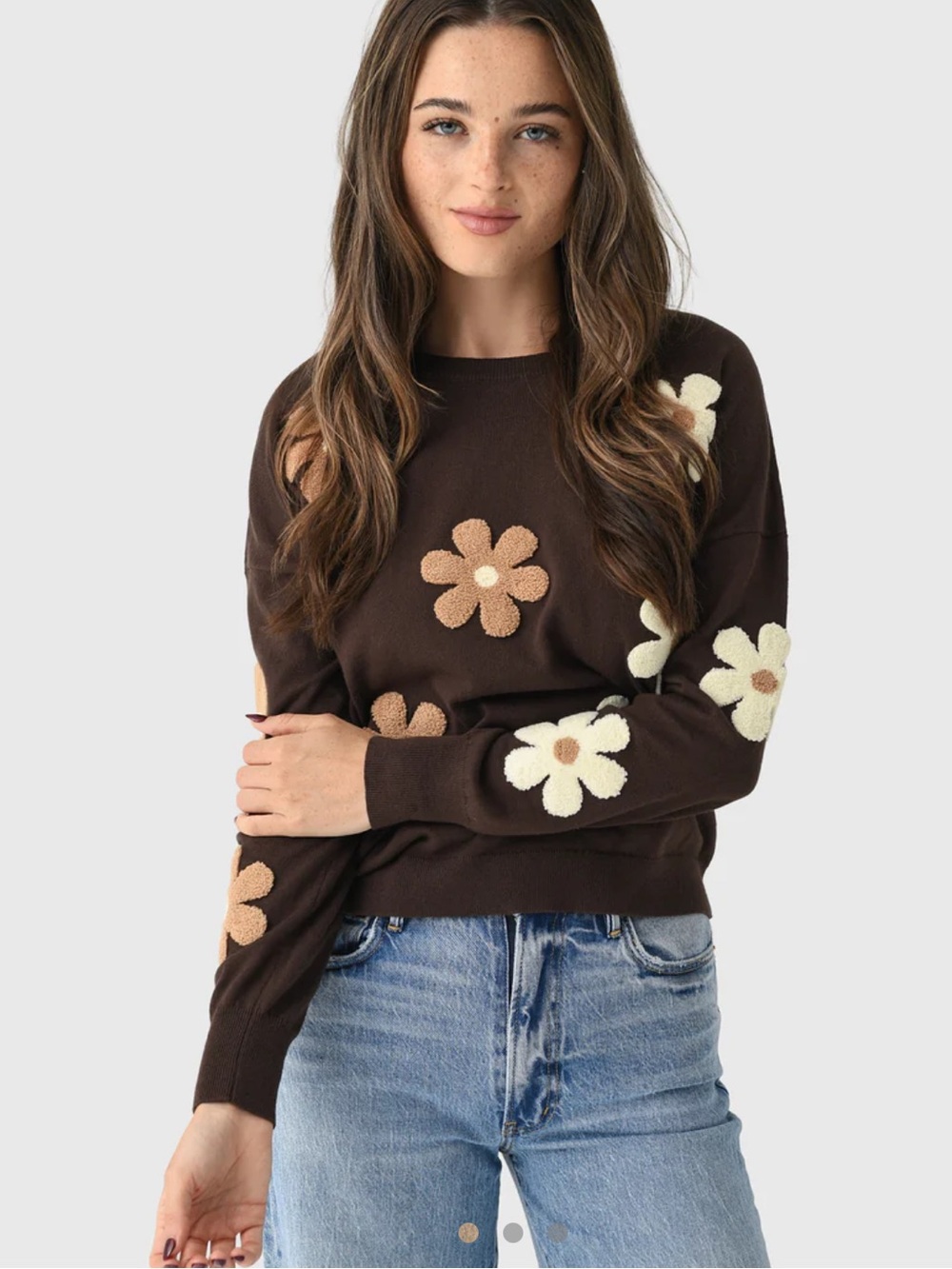 ECHE Women's Two Tone Flower Crew Sweater